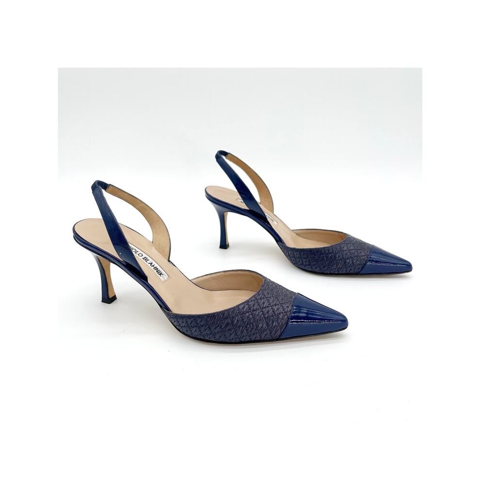 Manolo Blahnik Carolyne Blue Raffia Patent Cap Toe Slingback Heels Pumps IT 38